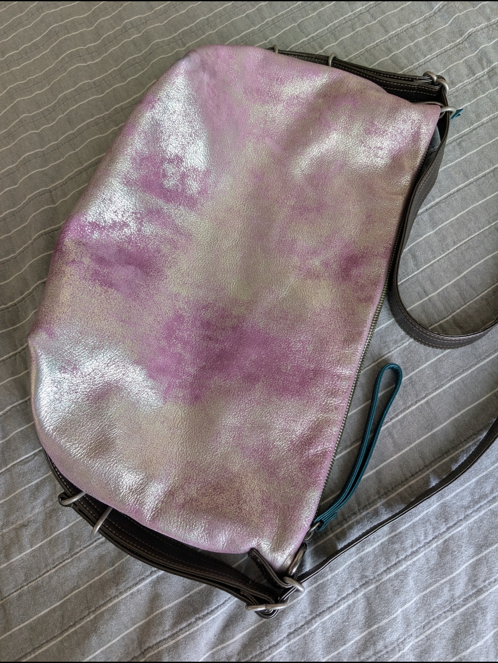 NWOT Rough & Tumble CUSTOM- Duffel Single Zip 3-in-1 Hobo Lamb Leather Gold/Pink - Picture 12 of 15
